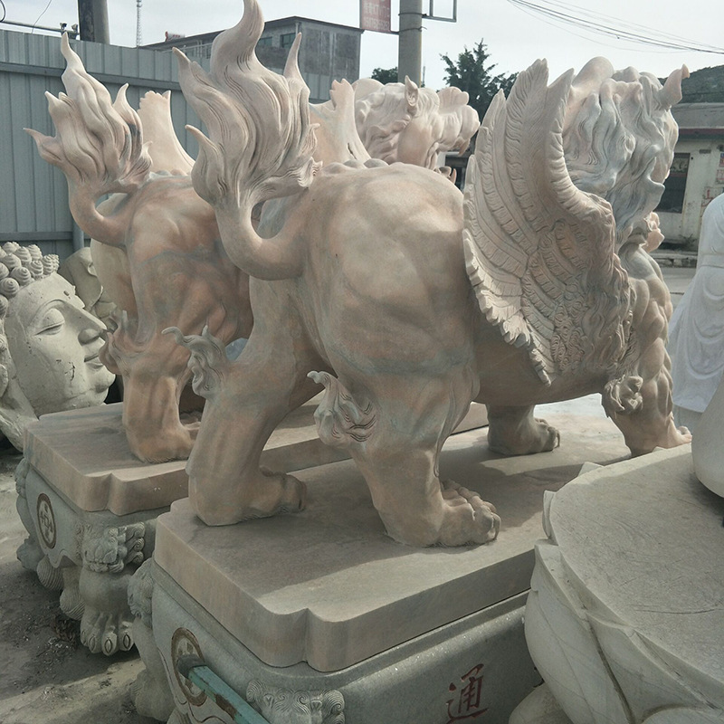 晚霞紅獅子雕塑 石雕飛天獅子擺件 雕刻工藝品石雕麒麟動(dòng)物雕刻